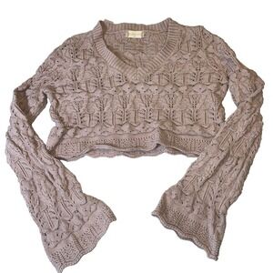 Altar'd State Crochet Crop Sweater Medium Boho Bell Sleeves Knit Lavender Hippie